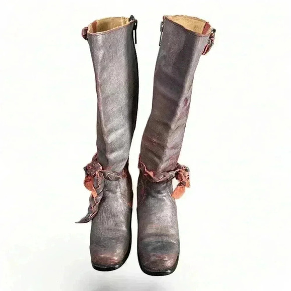 Bed Stu Bovine Boots Blueish Gray Rustic Red 6 Distressed Tall Woven Tie Zip - Picture 4 of 8